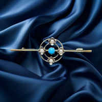 Pre-loved Vintage Pearl and Turquoise Un-hallmarked Yellow Metal Second-hand Brooch 2G0002