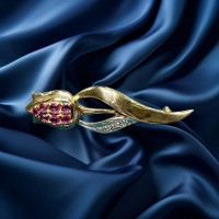 Pre-Loved vintage second hand 9ct yellow gold synthetic ruby tulip style brooch