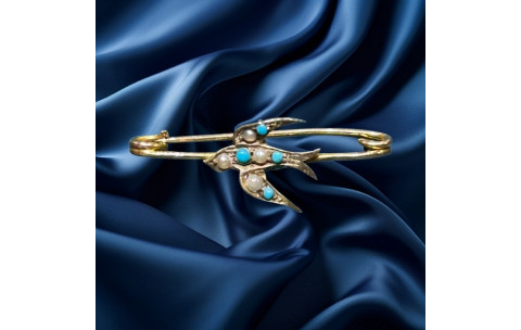 Pre-loved vintage second hand 9ct yellow gold turquoise and pearl small bird brooch