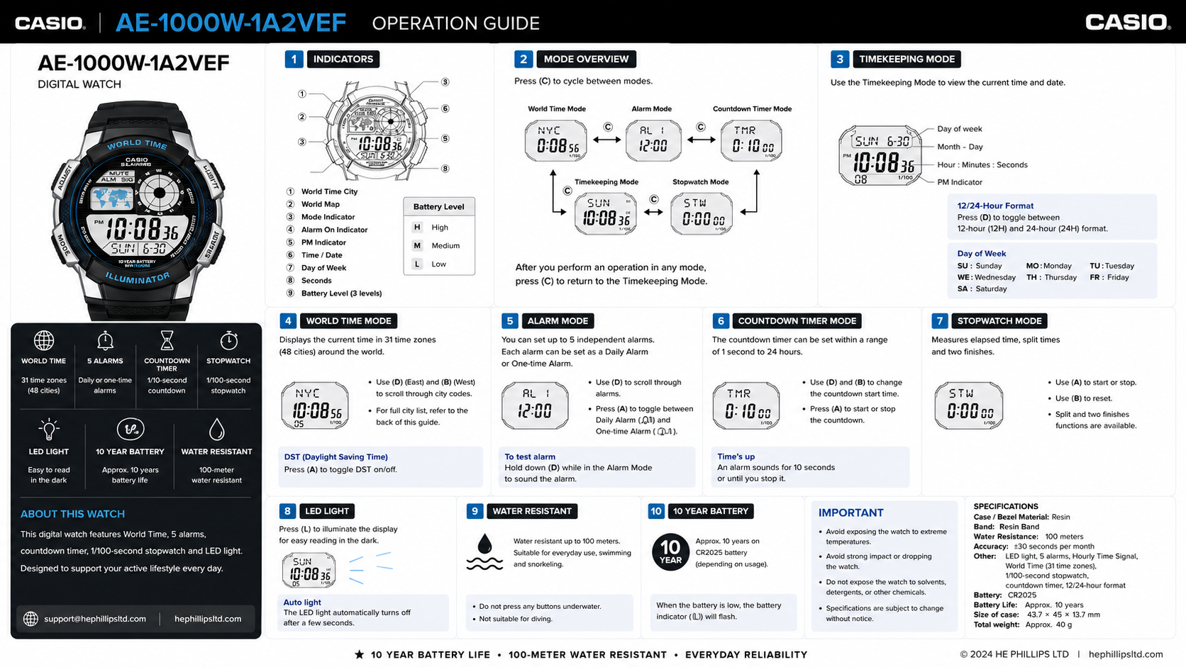 Casio AE-1000W-1A2VEF Operation Guide Diagram