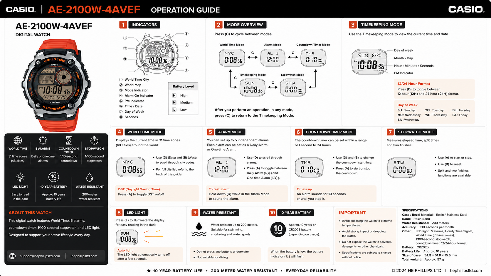 Casio AE-2100W-4AVEF Operation Guide Diagram