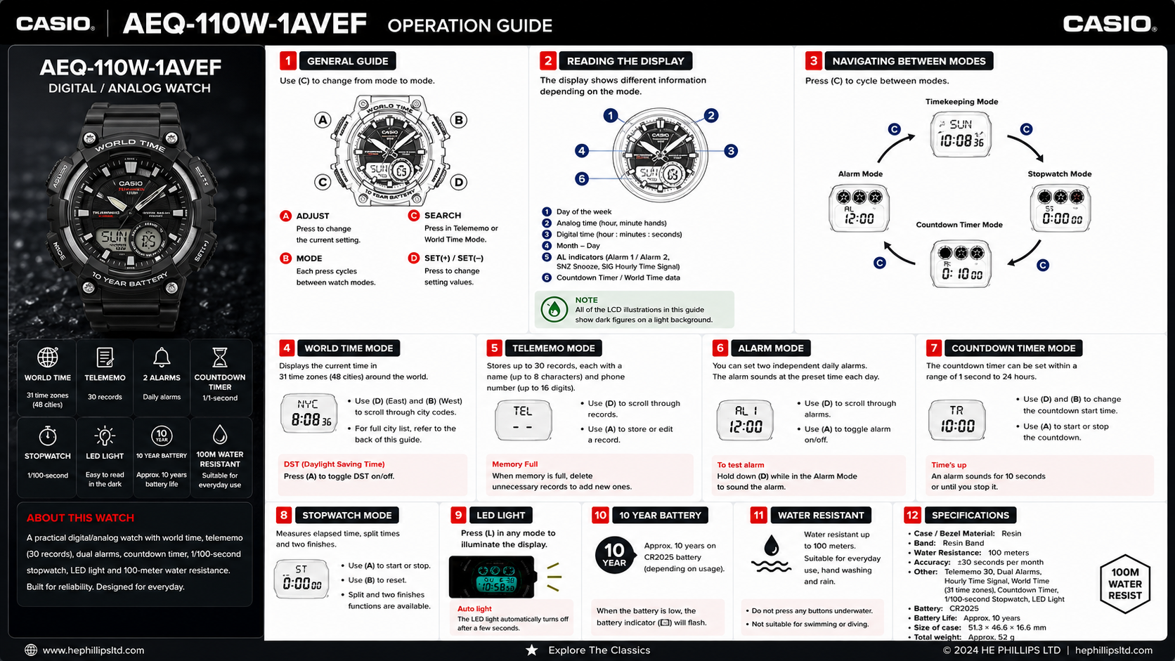 Casio AEQ-110W-1AVEF Operation Guide Diagram