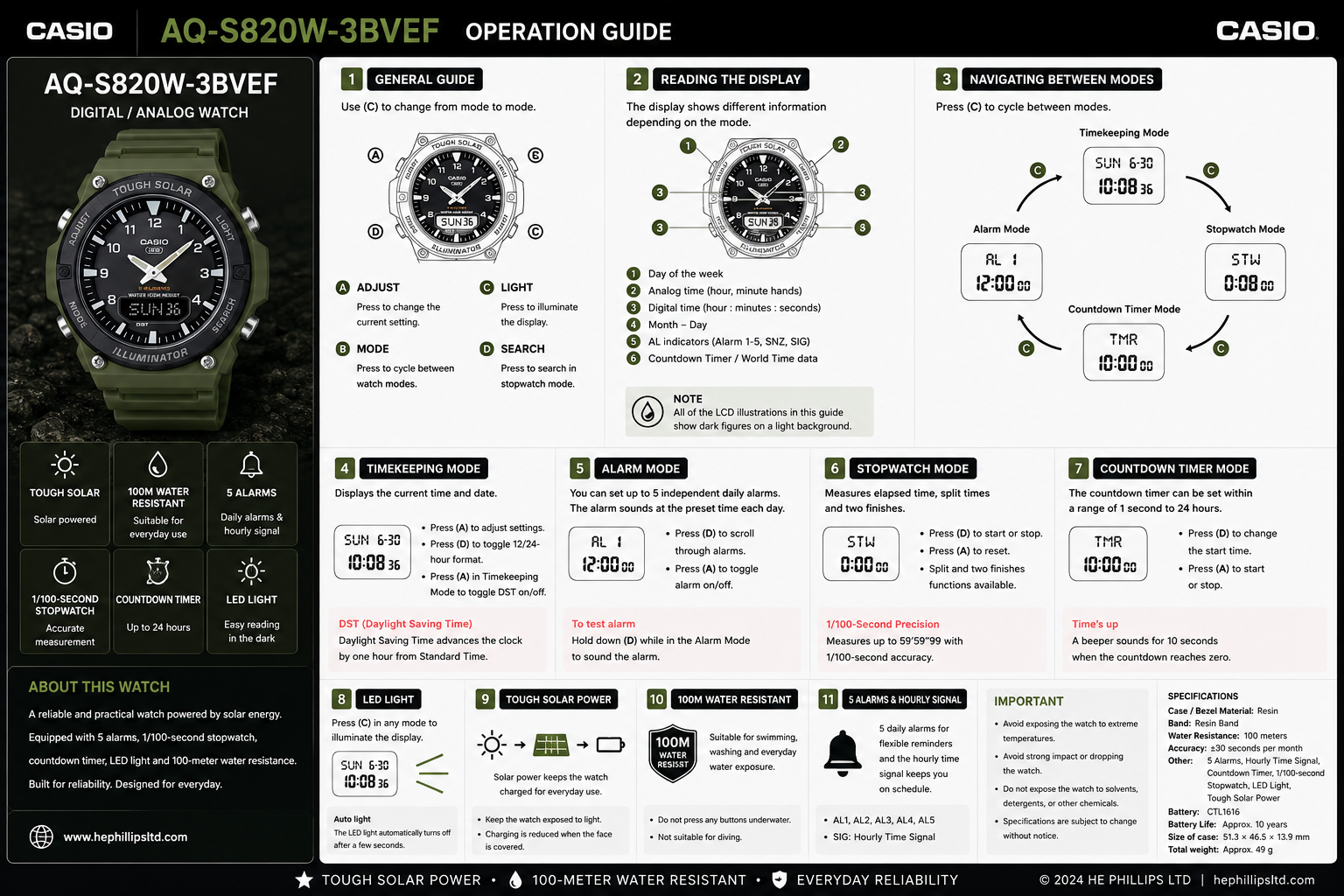 Casio AQ-S820W-3BVEF Operation Guide Diagram