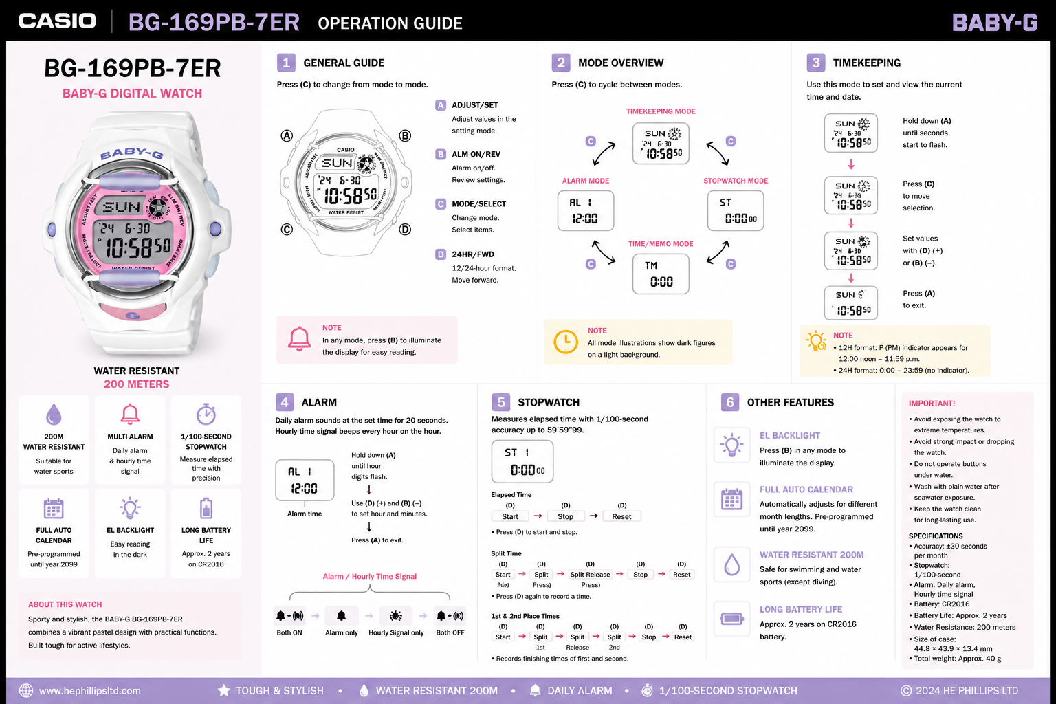 Casio Baby-G BG-169PB-7ER Operation Guide Diagram