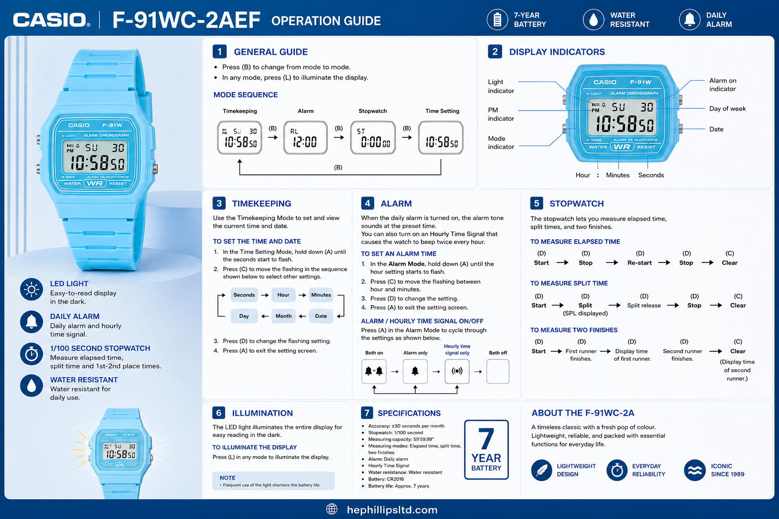Casio F-91WC-2AEF Operation Guide Diagram