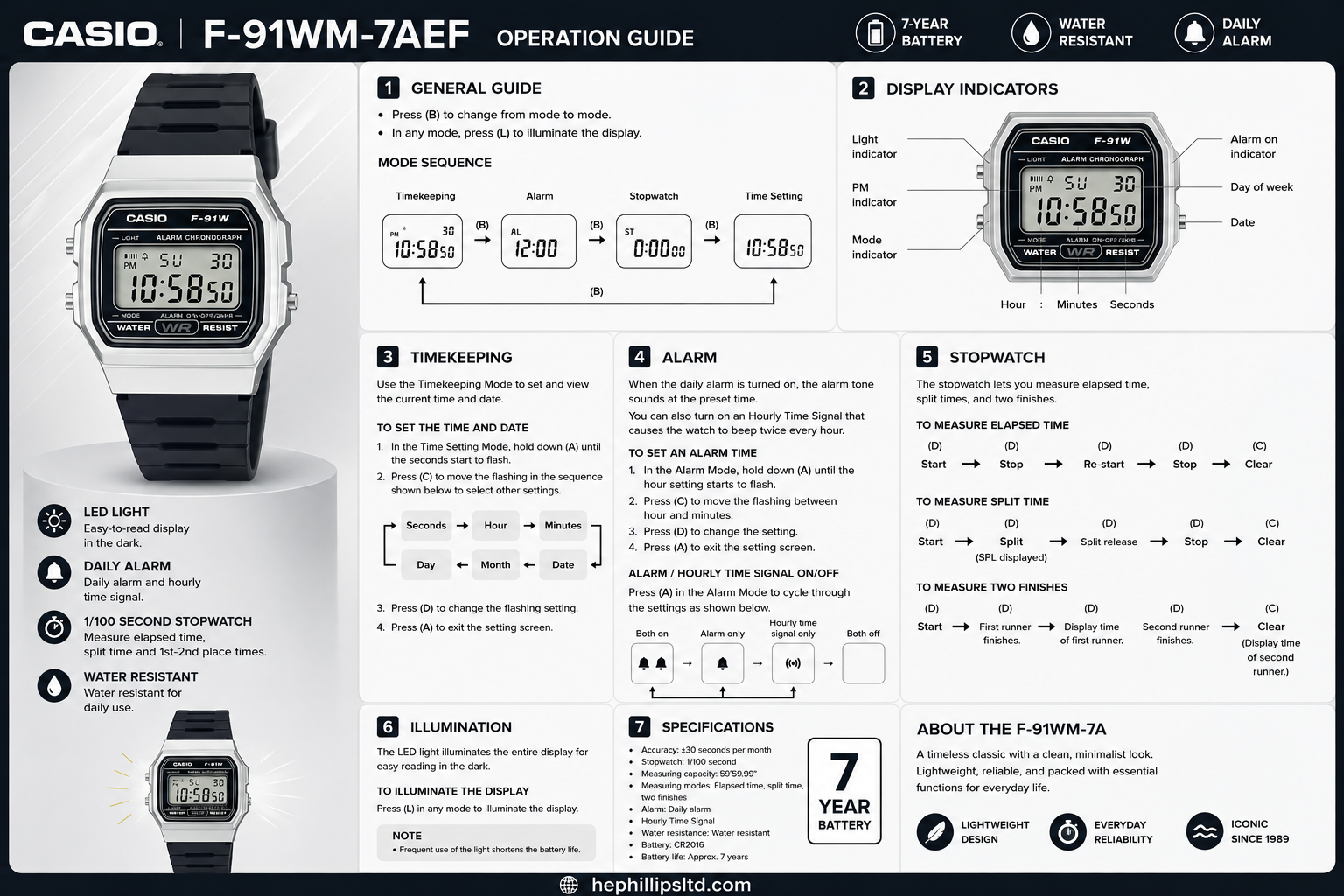 Casio F-91WM-7AEF Operation Guide Diagram