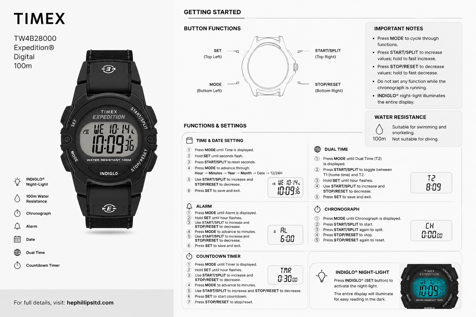Timex TW4B28000 Operation Guide Diagram