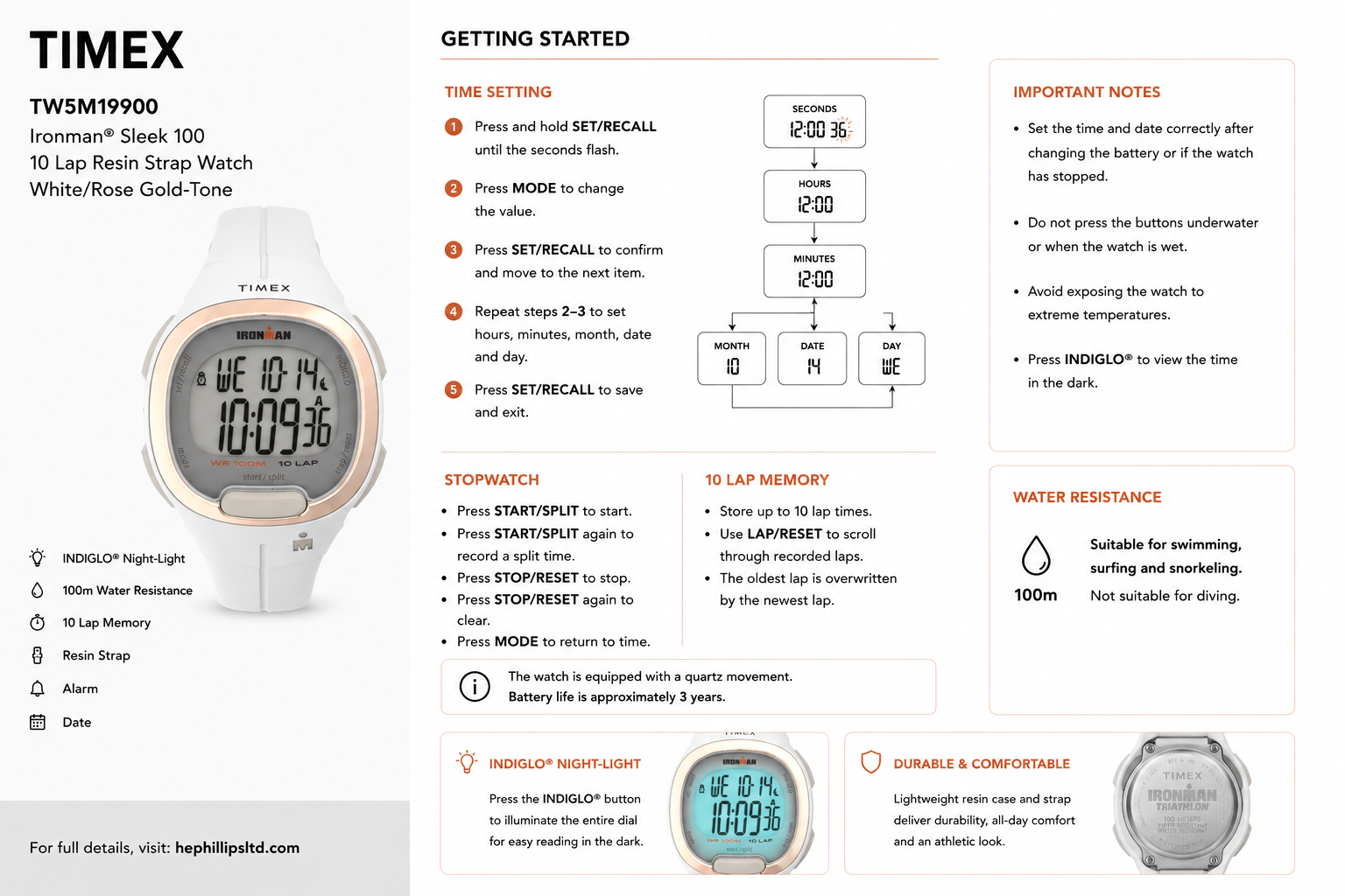 Timex TW5M19900 Operation Guide Diagram