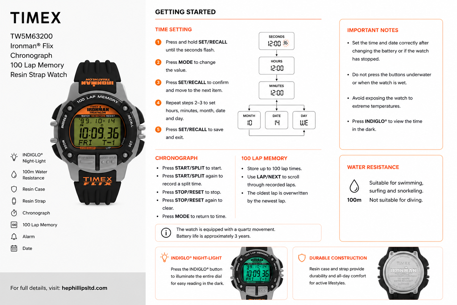 Timex TW5M63200 Operation Guide Diagram