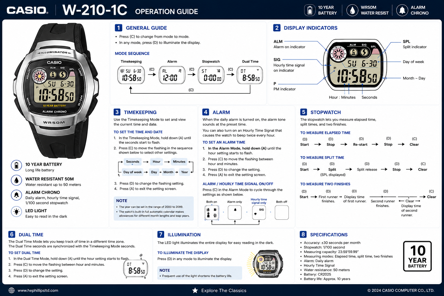 Casio W-210-1C Operation Guide Diagram