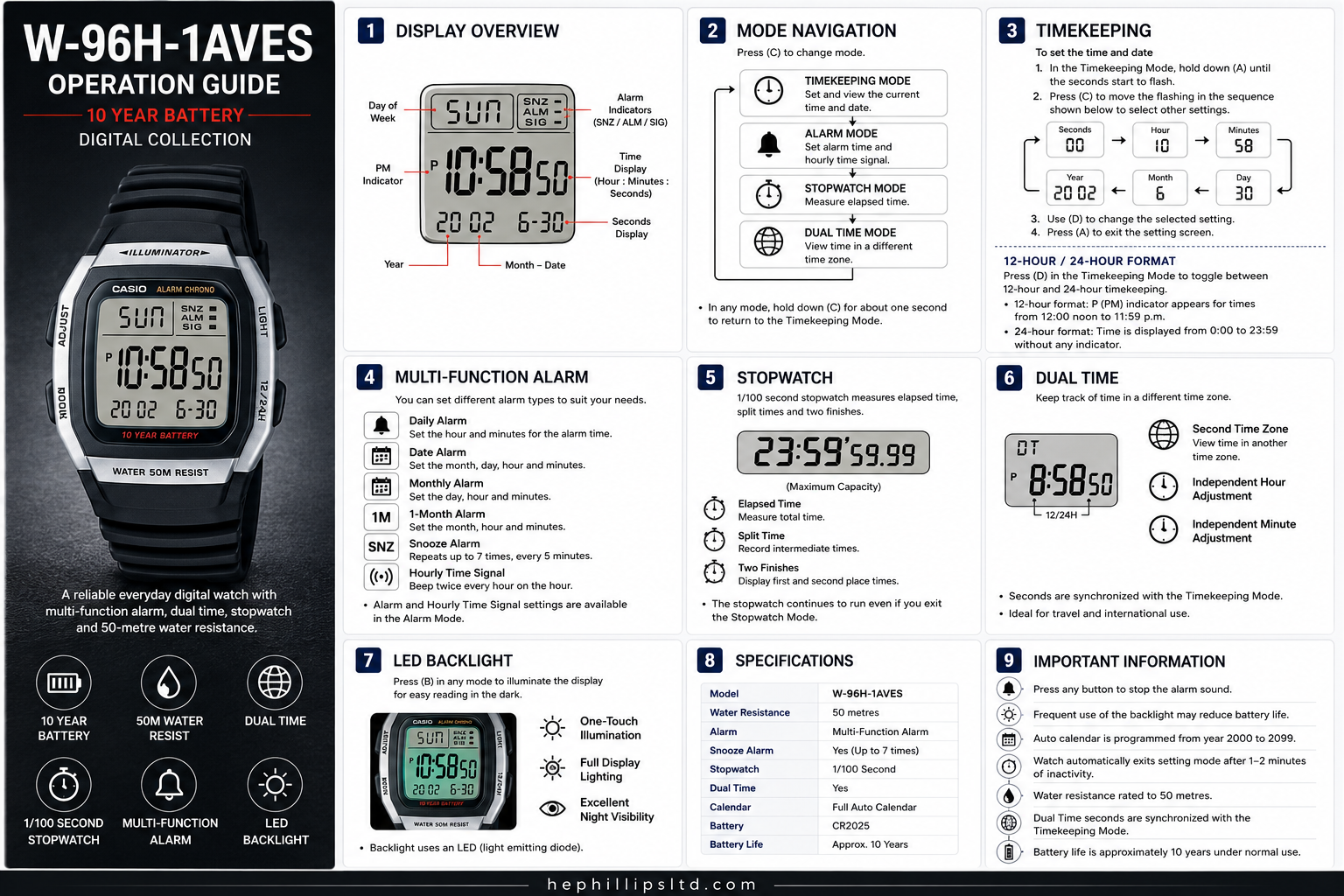 Casio W-96H-1AVES Operation Guide Diagram